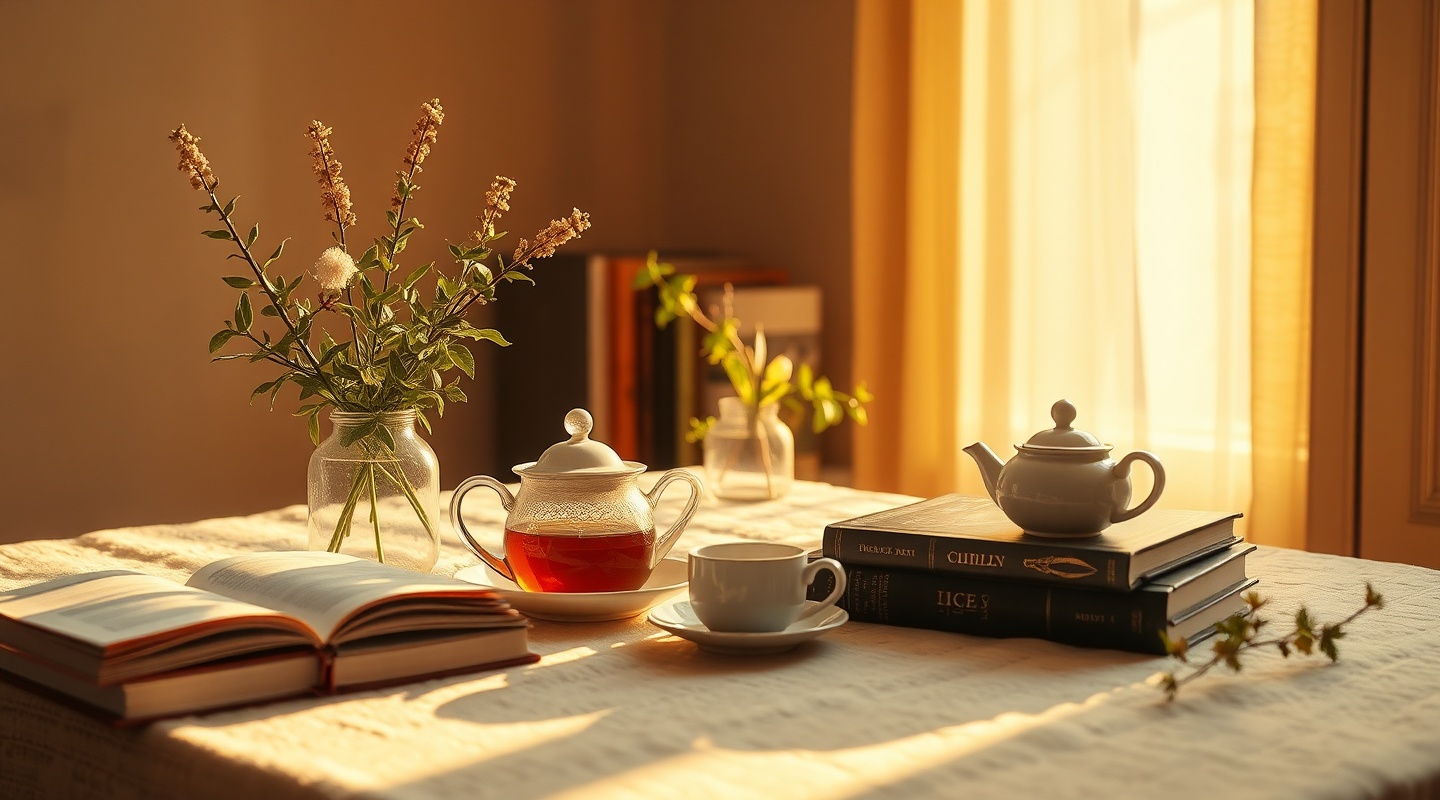 温暖阳光洒在茶具书本植物上的场景